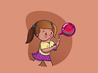 Girl making Watermelon bubble bubble gum cartoon childhood color girl illustration kids play soap bubble vector vector art watermelon