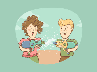 kids playing with water gun book cartoon childhood colors editorial illustration funny illustration kids play vector water gun