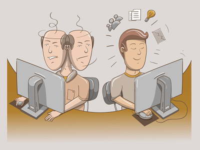 Enthusiasm at work business cartoon colors computer culture editorial happiness illustration job men occupation office people stressed vector work working