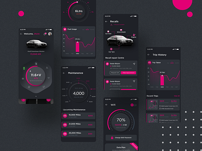 Car Maintanence car dashboard data fuel fuelconsumption graphs iot location maintenance mobiledesign recall tracking trip ui ux wifi