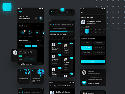 Doctor Appointment Dark theme appointment cards component dark darkui design doctor mobiledesign patient schedule timing ui ui ux ux