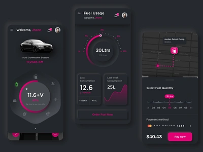 Car Maintenance branding car dark dark neumorphic dashboard fuel fuel consumption graphs location minimal mobiledesign neumorphic skeuomorph track ui ux