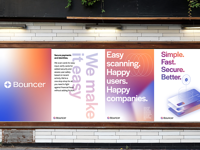 Bouncer Brand app billboard branding card finance fintech gradient layout ooh payment posters startup swiss type ui