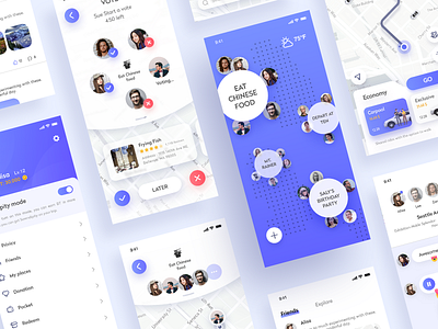 Travel sharing app app blue blue and white card design map sharing travel ui