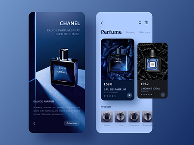 Product Page Exploration app blue card design map perfume product ui