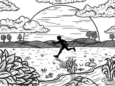 Running art cross digital drawing hatching hills illustration line line art line artwork lineart man man illustration run running setting shadow silhouette sun sunset