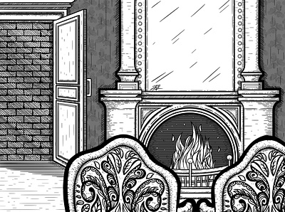 No Exit art blackandwhite blazing blocked brick brick wall bricked closed drawing exit fancy fire fireplace illustration line line art illustration line artwork lineart lines room