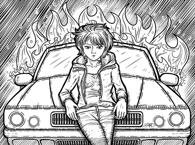 Leaning on a Burning Car art burn burning car cross decorative drawing fire hatching hood illustration lean line lineart ornate sedan stylize stylized woman woman illustration