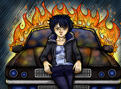 Leaning on a Burning Car art burn burning car color drawing female fire flame girl girl illustration hood lean leaning line line art lineart sedan vehicle woman