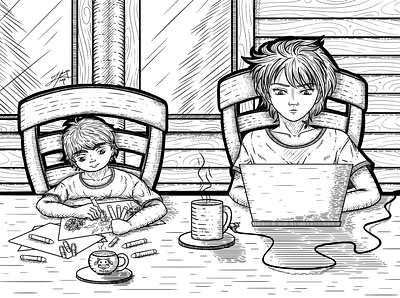 Working Together cabin child cottage cross hatching digital down drawing ink drawing style illustration laptop line art sitting stylize stylized table together woman wood wooden work