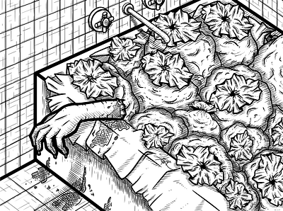 Severed Arm arm bathroom bathtub blood bloody body parts corpse cross hatching decapitated drawing garbage bags gore horror illustration line art messy mystery severed stylize stylized