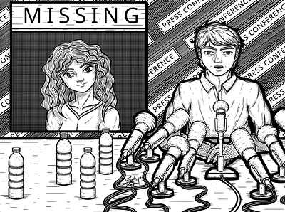 Missing cross hatching decorative drawing family line art lineart lines man man illustration microphone missing news news anchor ornate press conference report reporters stylize stylized wife