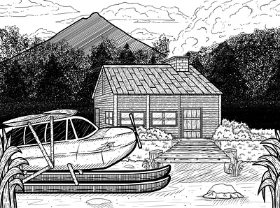 Cabin in the Woods cabin cottage digital drawing forest frozen hybrid illustration illustration digital lake line art line art illustration lineart mountain plane secluded snow valley winter woods