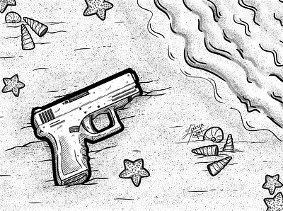 Gun on Sandy Beach art beach digital digital illustration drawing firearm gun illustration line line art lineart ocean pistols sand sandy sea seashells shells water weapon