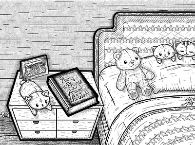 Book on a Cabinet bed book cabinet digital drawing frame girl illustration kid line line art lineart photo plush toys plushie room side stuffed stuffed animal toys
