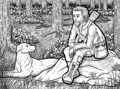 Hunter animal art dog drawing firearms forest hunt hunter illustration line lineart man pet rifle sit sitting trees weapon wood woods