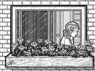 Writing art box cross hatching decorative digital drawing flower illustration lady line line art line artwork ornate room sit sitting stylize window woman writing