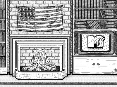 Fireplace american art books brick case drawings fancy fire fireplace flag flame illustration digital interior lineart lines old fashioned room room illustration television tv