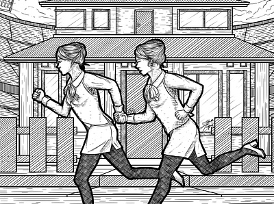 Run art attendant bun cross decorative drawing flight hair hatching house illustration lady line line art line drawing run running stadium stylized woman