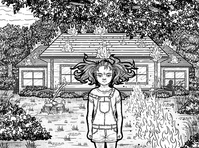 Pyrokinetic angry cross crosshatching digital drawing farm fire flame girl girl illustration hatching house little mad mind pyrokinesis pyrokinetic starter stylize young