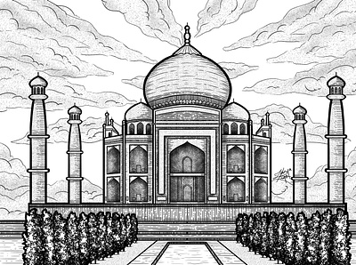 Taj Mahal art building cloud cross cross hatching decorative drawing hatching icon iconic illustration india line line art lineart ornate sky structure