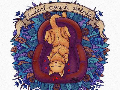 Cute Couch Potato Cat adorable art banner cat color couch cute drawing fluff fluffy illustration kitten kitty lazy line line art orange potato relax relaxing