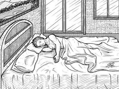 Reaching Out asleep bed cross drawing hatching illustration line art looking man messy out partner reaching rest resting room rumpled sheets sleep sleeping