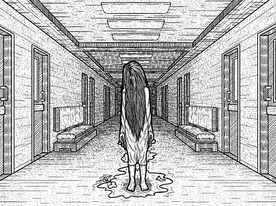 Ghost in Hospital art corridor creepy cross hatching dark drawing drip dripping ghost graphic hospital illustration line line art ornate scary stylize visual water wet