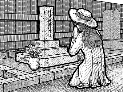 Visiting the Dead alone art black and white dead digital drawing family grave graveyard headstone illustration japan line line art pray praying respect stylize tombstone woman