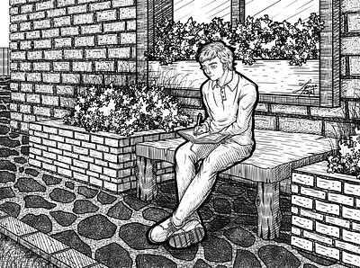 Man Sitting art decorative diary digital drawing engrave engraving garden illustration line line art man ornate relax relaxing sit sitting stylize write writing
