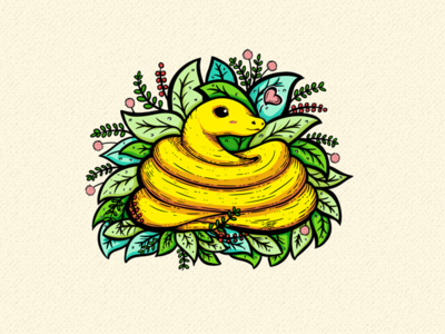 Yellow Snake Illustration adorable cute love heart wink leaf serpent reptile animal illustration snake yellow