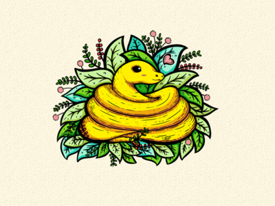Yellow Snake Illustration adorable animal cute heart illustration leaf love reptile serpent snake wink yellow