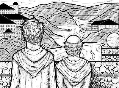 Blog Illustration blog bridge illustration line art man monastery monk old robe stone young