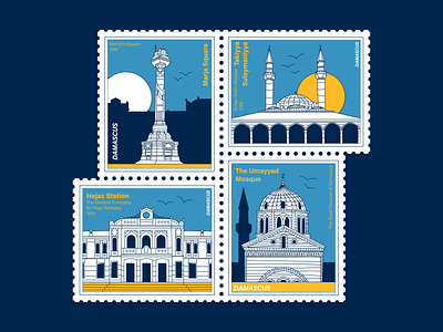 historical landmarks of Damascus (1/2) damascus design flat icons illustration landmarks stamp stamps syria vector