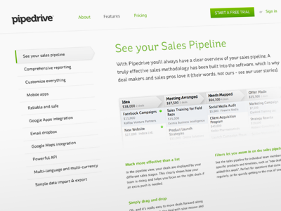 Pipedrive features crm cta features green light minimal pipeline sales tabs web web design