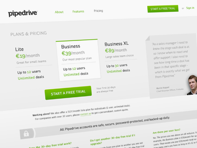 Pipedrive pricing clean crm cta green light minimal plan plans pricing testimonial trial web web design