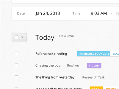 Today app clean date flat light list minimal projects table tags tasks time time tracking today toggl tool ui webapp