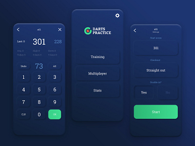 Darts Practice app concept dark mode interface mobile app neumorphic neumorphism ui user interface