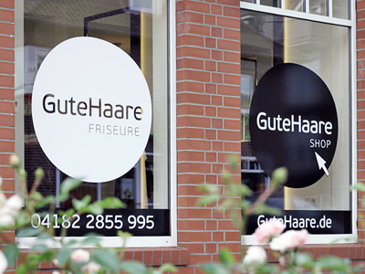 Gute Haare Identity black and white business care hair identity logo online retail stickers windows
