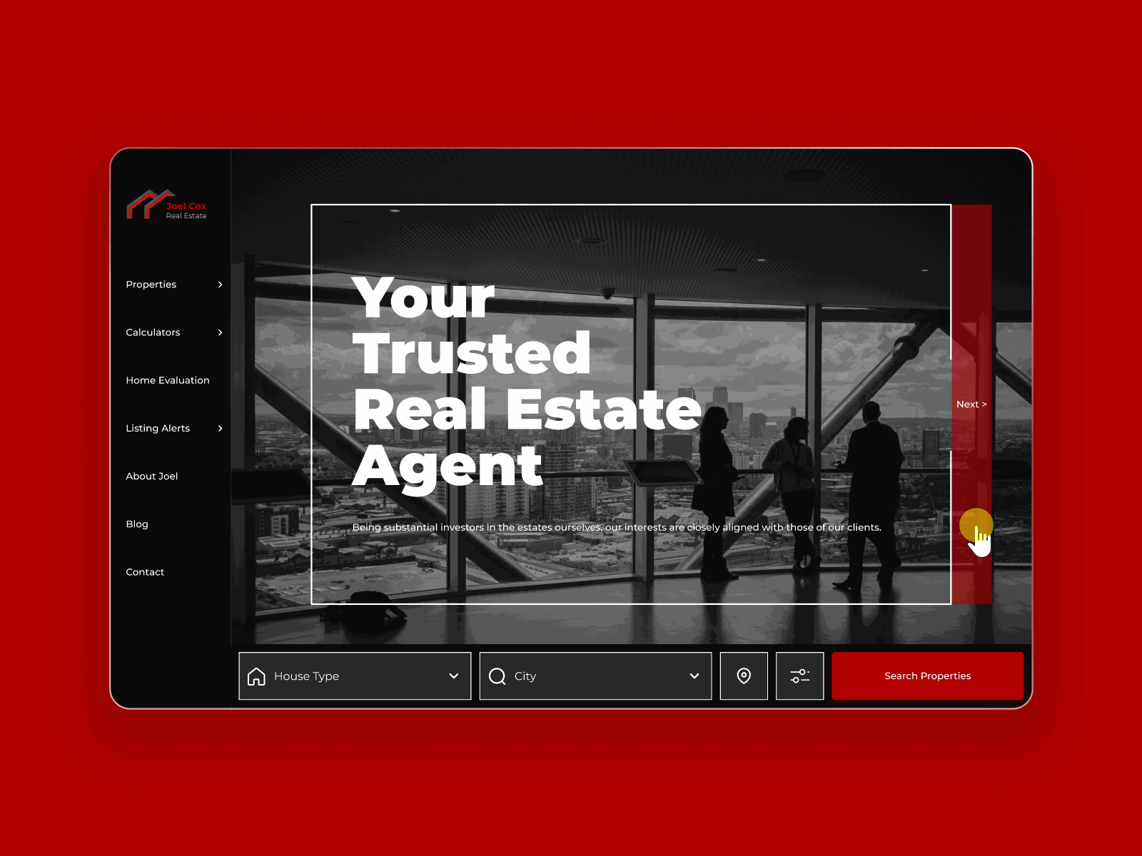Hero shot for a real estate agent landing page agent homepage prototype prototype animation real estate ui web design web4realty website