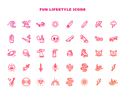 Fun Lifestyle Icons beach california figma hipster icon icons iconset illustration lifestyle logo skateboard surf tattoo vector