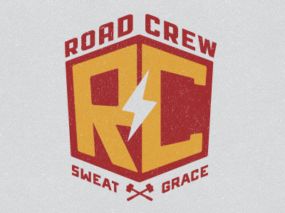 Road Crew Logo badge church fun hammers lightning logo mallets ministry red shield vintage yellow