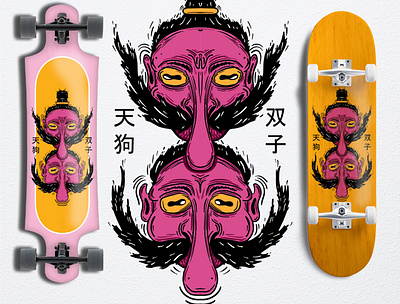 Tengu Twins art illustration kanji skate skateboard tengu yokai