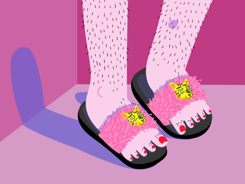 poor fancy life 1 funny illustration fur slides fluffy slippers tiger real life pink illustration feminist art hairy legs feet