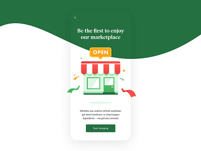 We Have Opened — Marketplace Welcome Screen app art flat gold green illustration market markteplace onboarding open opened red shopping store ui ux vector welcome