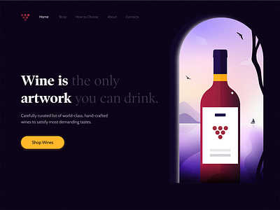 Wine Store — Web Design Concept alcohol app artwork birds boat bottle dark illustration landing mountain purple sea sunrise ui ux vector art violet web web design wine