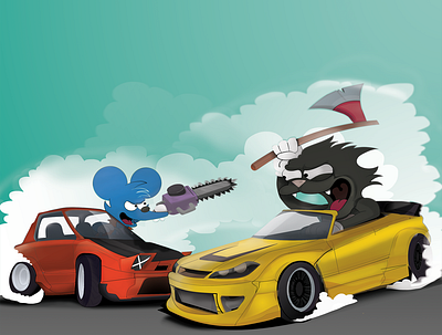 Itchy & Scratchy drift battle ae86 automotive automotive art cars digital art digital illustration illustration silvia simpsons vector