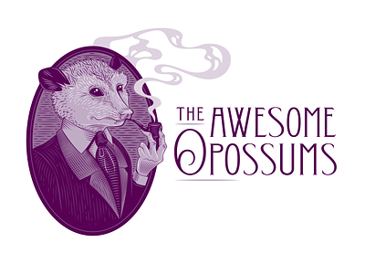The Awesome Opossums Logo Design engraving etching fancy funny illustration mascot old fashioned opossum pipe portrait possum smoke