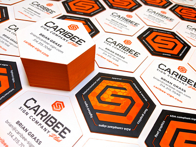Caribee Sign Company - Business Cards business card colored edges design embossed hexagon hexagonal honeycomb orange painted edges sign company spot uv st louis