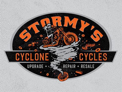 Stormy's Cyclone Cycles badge biker black body shop detailed harley illustration illustrative logo motorcycle orange repair t shirt tornado vintage
